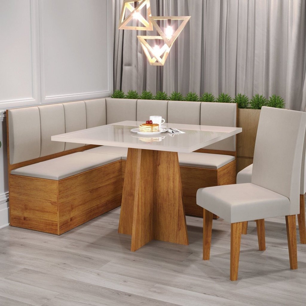 Conjunto Canto Alemão com Baú Trento Mesa Quadrada com Vidro 90x90 e 2 Cadeira Venus em MDP/MDF Bege/Mel/Marfim/Off