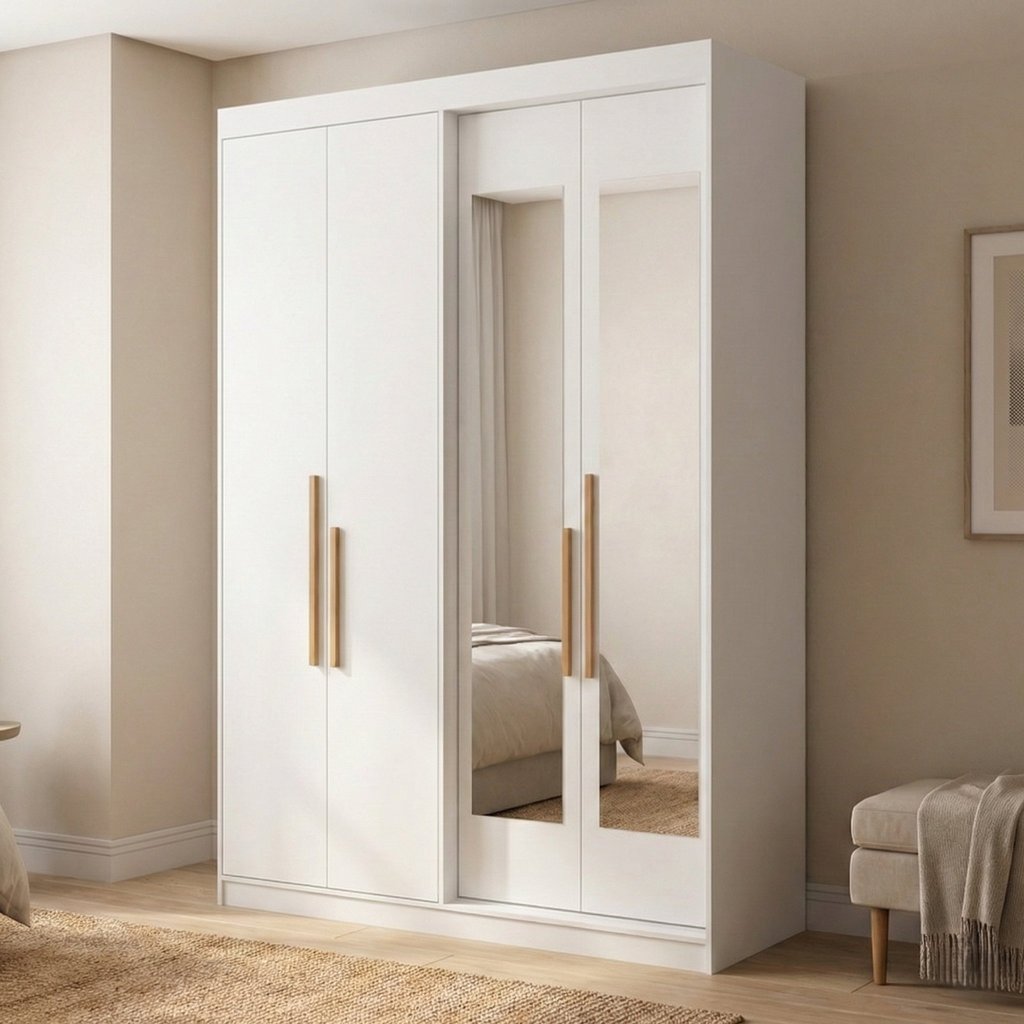 Guarda Roupa Solteiro com Espelho 4 Portas 2 Gavetas 100% MDF Manila Branco Ártico Branco Ártico