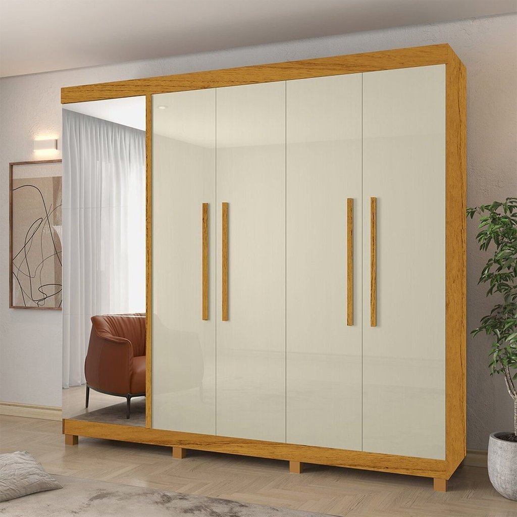 Guarda-Roupa Casal com Sapateira 5 Portas 1 Porta Espelhada Diamante 100% MDF Marrom/Marrome/Off White