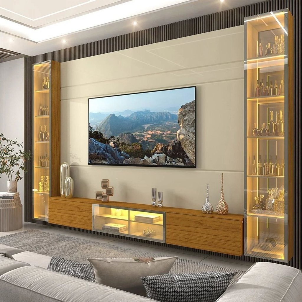 Estante para TV e Home Theater até 90 Polegadas 100% MDF com LED com Vidro Reflecta 293,4CMX217,6cm Porta LED Luminare