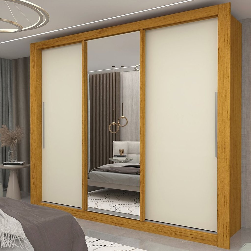 Guarda-Roupa Casal 3 Portas 1 Porta Espelhada Milão 100% MDF Yescasa Marrom/Marrome/Off White Naturale/Off White