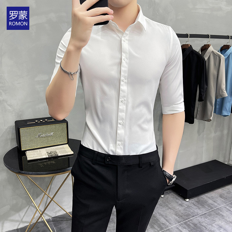Lomon camisa de manga curta masculina 2022 verão novo estilo camisa de manga de três quartos solta camisa branca masculi