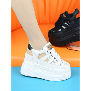 Oco respirável sapatos brancos femininos plataforma de sola grossa salto Ultra-alto pequenos sapatos casuais aumento int