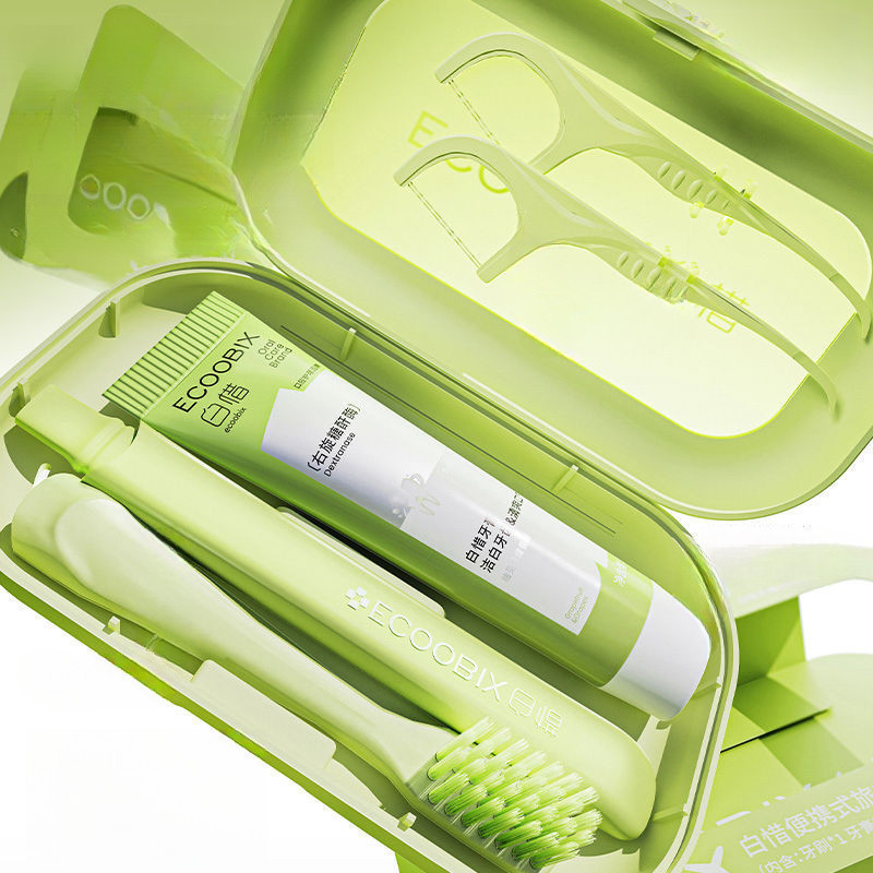 ECOOBIX Mini Kit de limpeza Oral portátil com caixa de armazenamento Escova de dentes macia Pasta de dente pequena Fio D