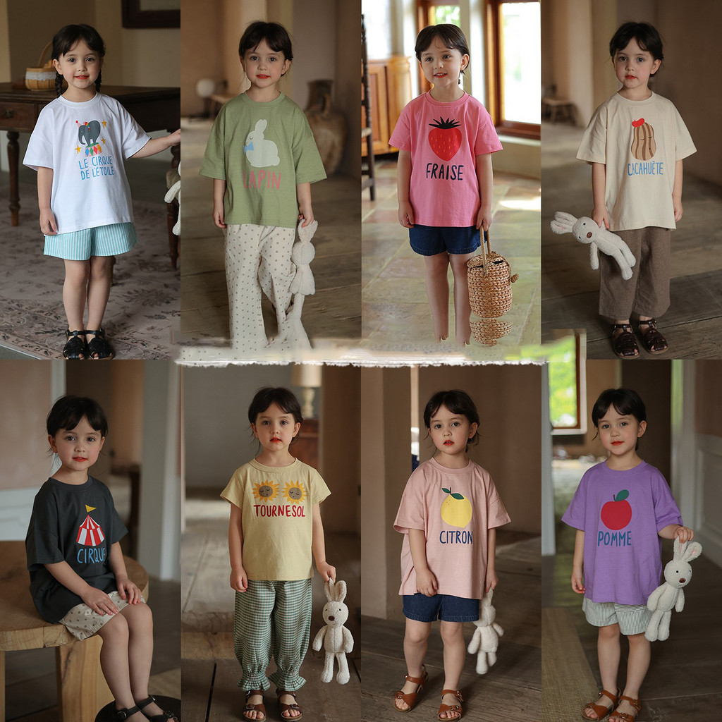 Crianças versão coreana All-Match em torno do pescoço de manga curta meninos meninas carta impressa camiseta de manga cu