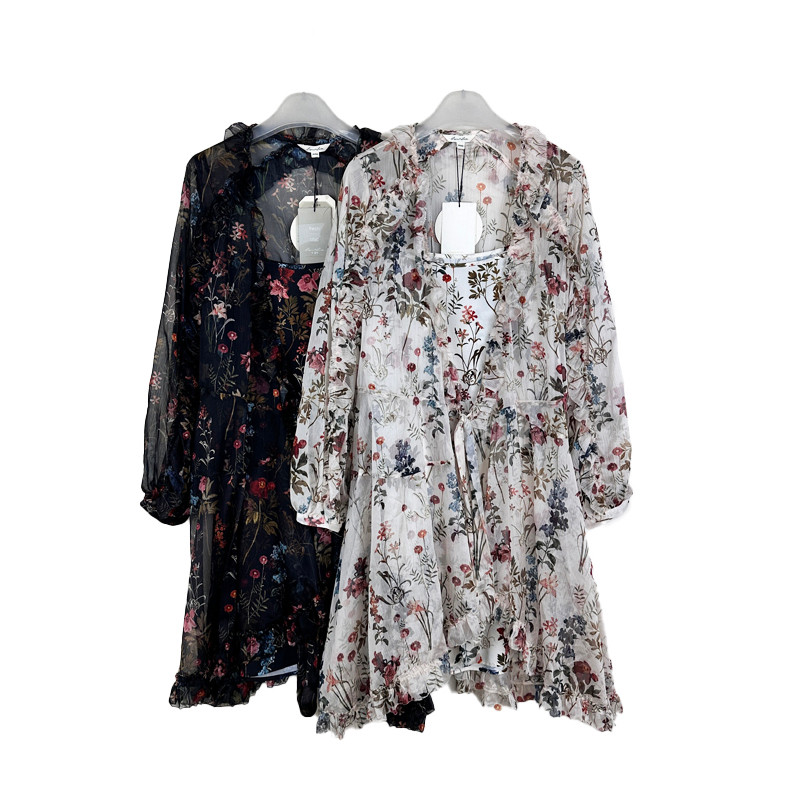Puxar série contador genuíno impresso Chiffon manga comprida vestido de uma peça terno de duas peças feminino primavera 