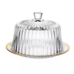 Queijeira com Tampa e Fio de Ouro Radial 20cm x 20cm x 12.5cm Cristal Lyor para Cozinha Mesa Posta Decoração Sala Jantar