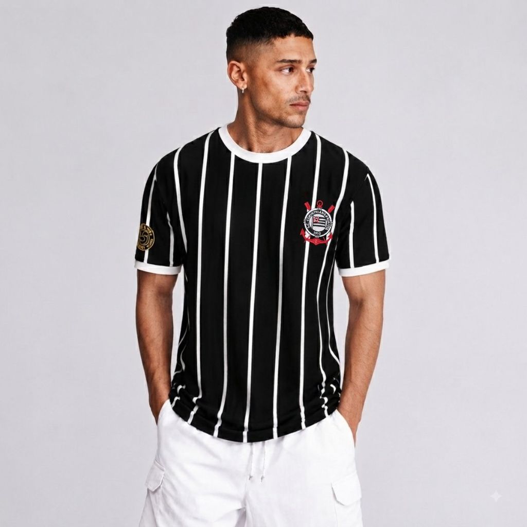 Camisa Corinthians Retrô 1977 Masculina Nº 8 Listrada Preta Branca Algodão Escudo Bordado