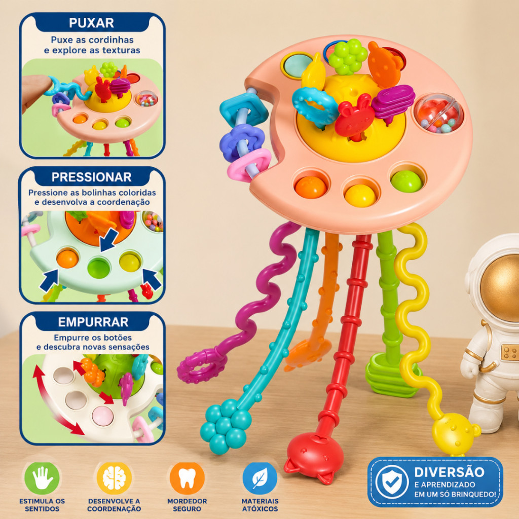 Brinquedos Infantil Para Bebês Sensoriais Interativo Polvo  Montessori Mordedor Chocalho Tatil