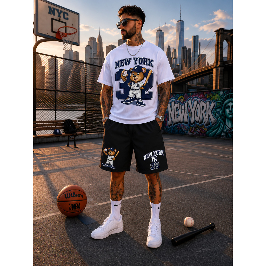 Conjunto Masculino DRIP Camiseta Básica e Bermuda Mauricinho Y2K Streetwear Estampado Casual Moda Urbana NY 32