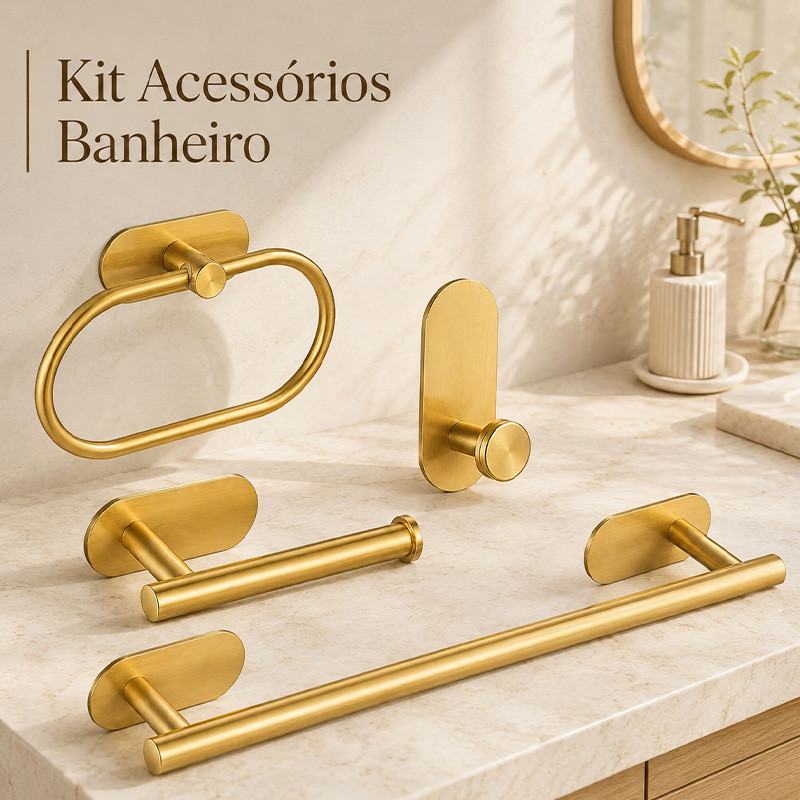 Kit 4 Peças Aço Inox Banheiro Dourado Prata Autoadesivo Sem Furação Toalheiros Gancho Papeleira