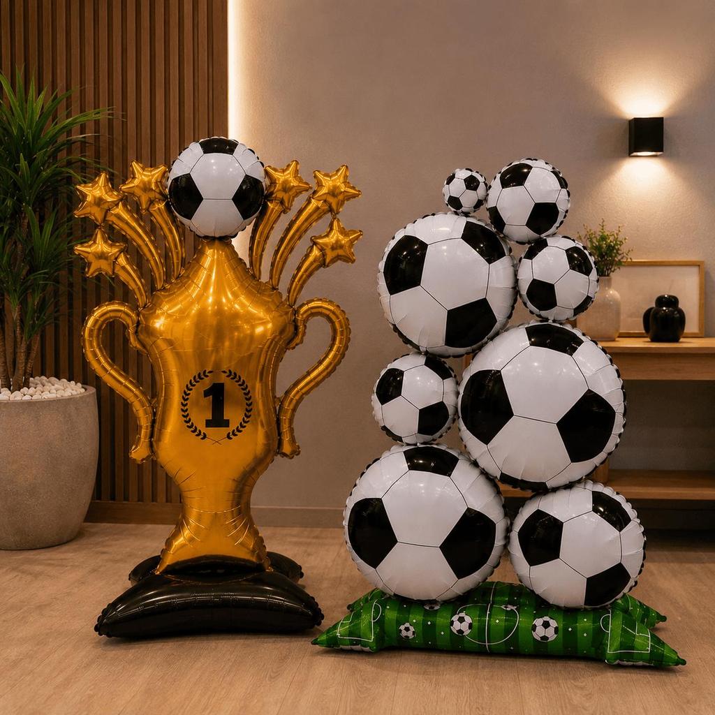 Kit Decoração Futebol Balão Troféu 1,50m Bolas Futebol Gigantes Festa Aniversário Campeão