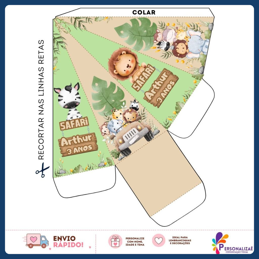 kit 10/20/25 Caixinha Pirâmide Personalizada Tema Safari para Lembrancinha de Festa Infantil, Aniversário, Nome e Idade