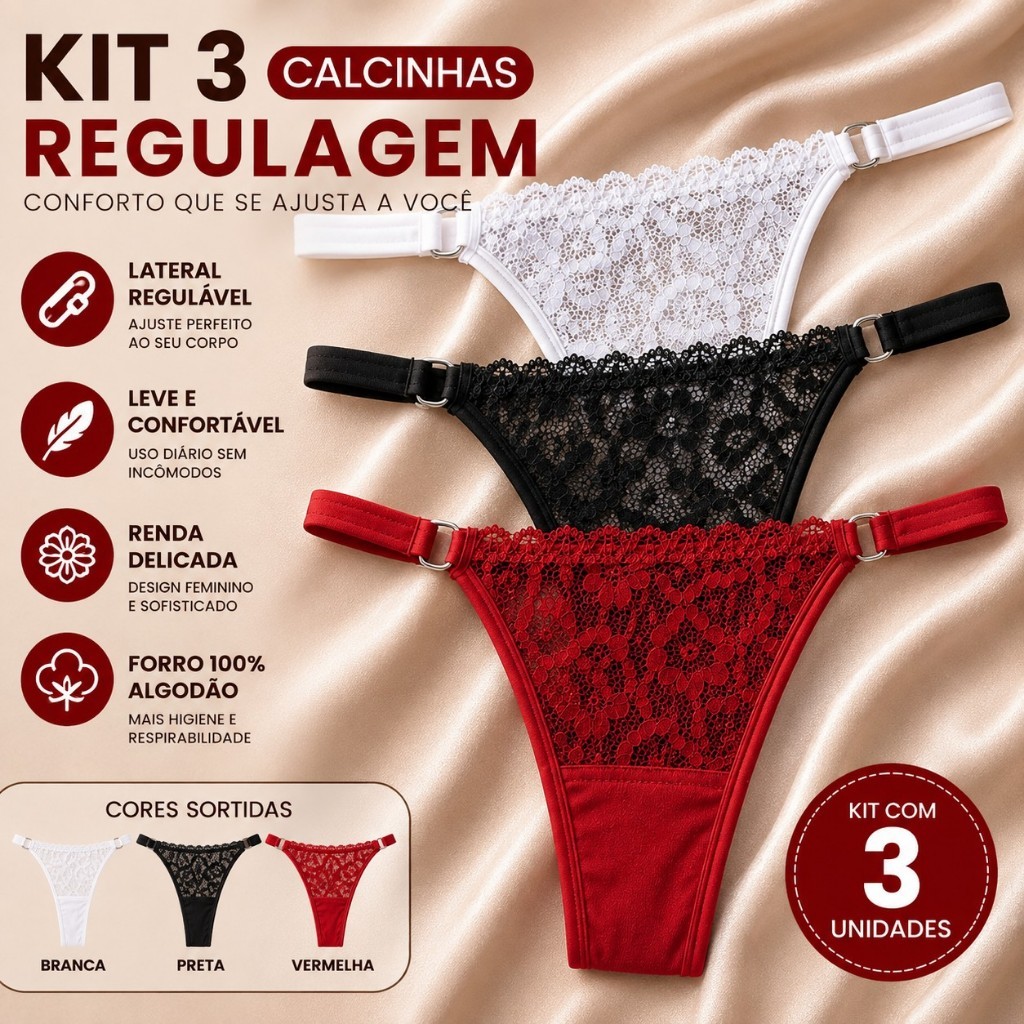 Kit 3 Calcinhas de Renda Fio Duplo Regulável Feminina Ajustável Confortável Veste P ao GG