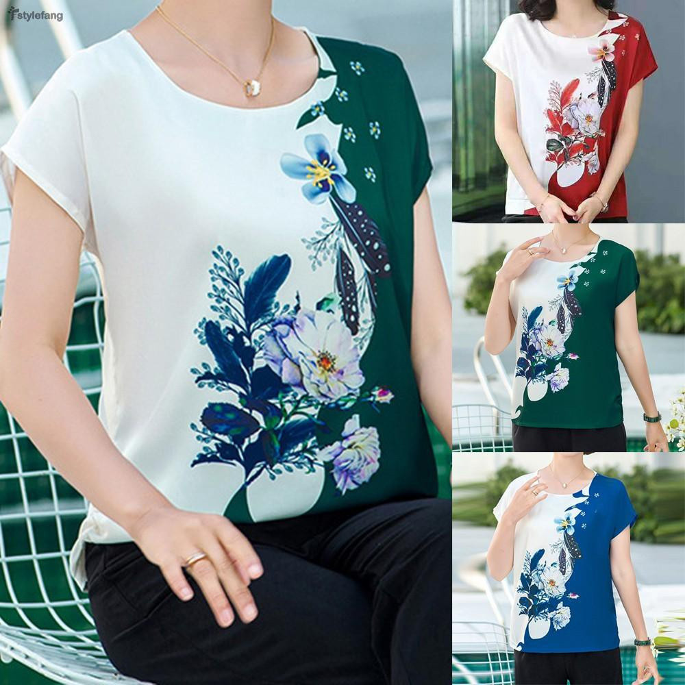 Blusa Feminina Plus Size Solta de Seda Gelada com Decote Redondo e Mangas Curtas Nova Moda JS57