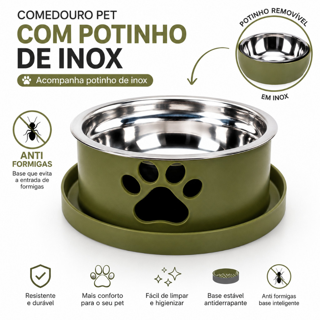 Comedouro Pet Anti Formigas com Pote Inox Removível para Cachorro e Gato Base Protetora