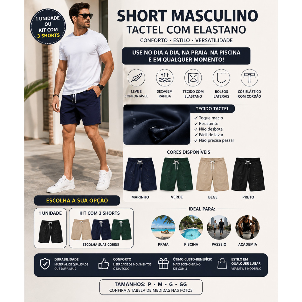 Bermuda Masculino Tactel com Elastano 3 Bolsos Academia Treino  Praia Piscina.