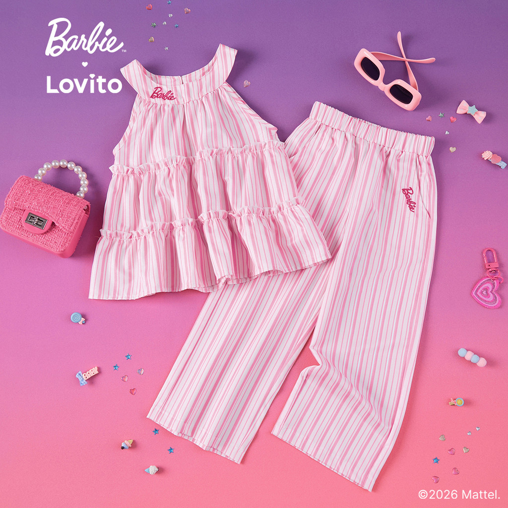 Barbie™ X Lovito Kids Conjunto Rosa Menina Top Sem Mangas Gola Halter e Calça Reta Bordada Bolsos LBL5AD034