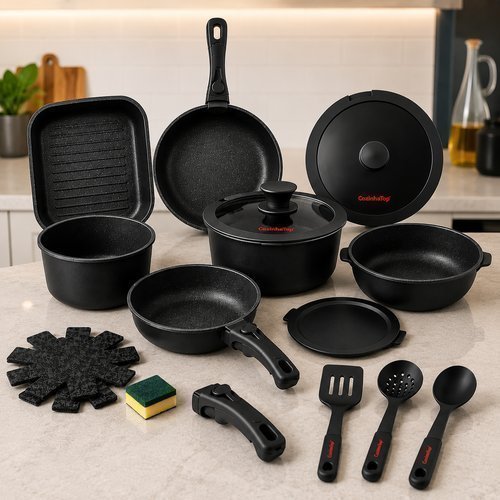 Jogo de Panelas 17 Peças Alumínio Antiaderente Preto Kit Cozinha Completo com Tampas