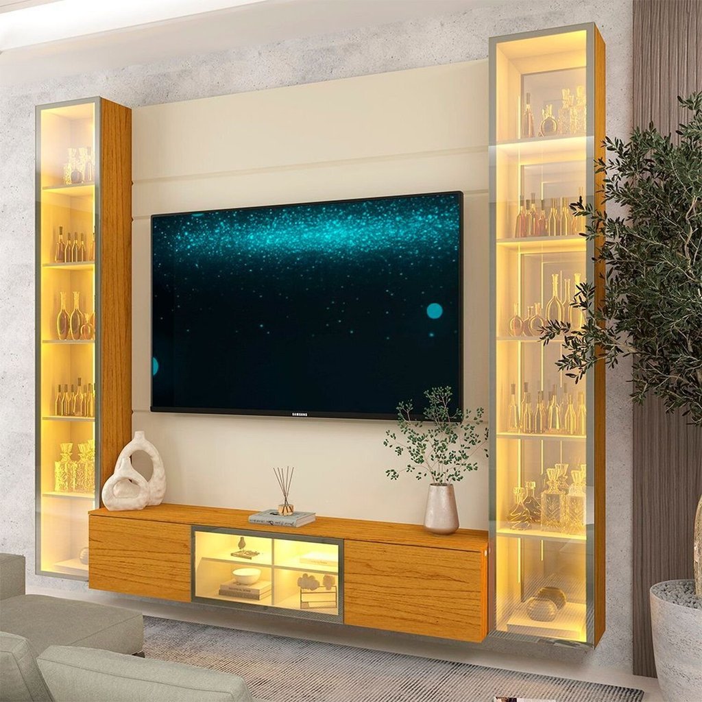 Estante para TV e Home Theater até 75 Polegadas Vidro Reflecta 100% MDF 226,4cmx217,6cm Led com Porta Luminare Bege Off