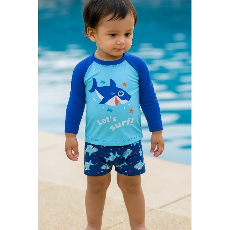Conjunto Camisa Sunga Proteção Solar Uv FPU50+ Infantil Menino Natação Praia Desenhos Tubarão Dinossauro Surf Criança