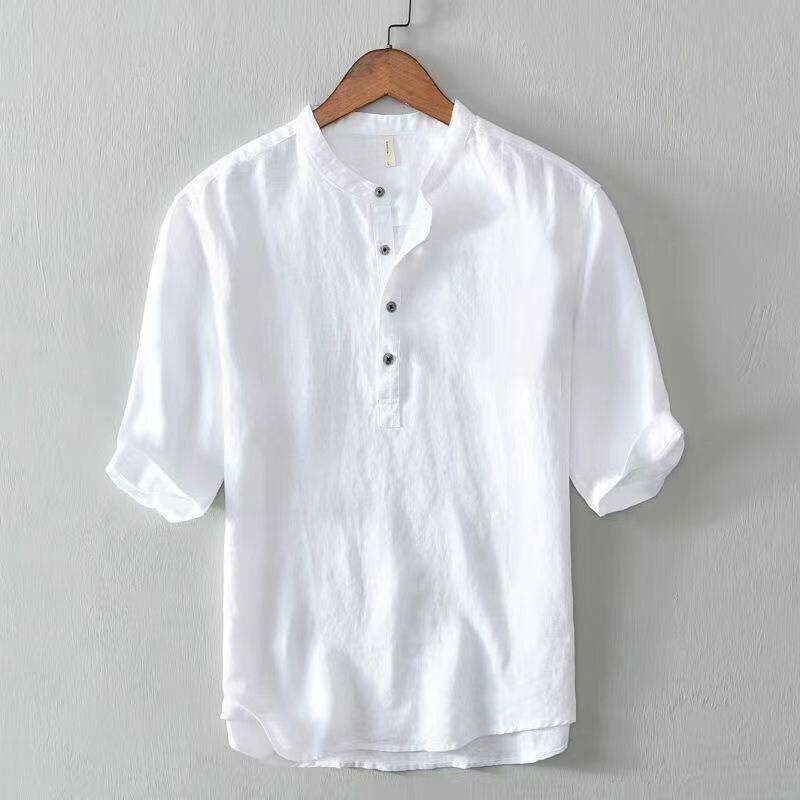 Estilo chinês primavera verão solto High-End linho masculino de manga curta algodão linho Casual respirável 5 pontos mei