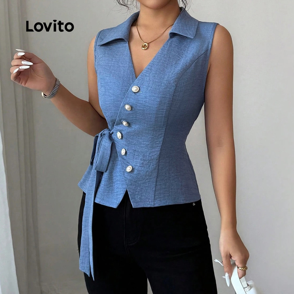 Lovito Top Elegante Feminino Azul com Cadarço e Botão primavera/verão Bordado TKK8BR006 · foto 2