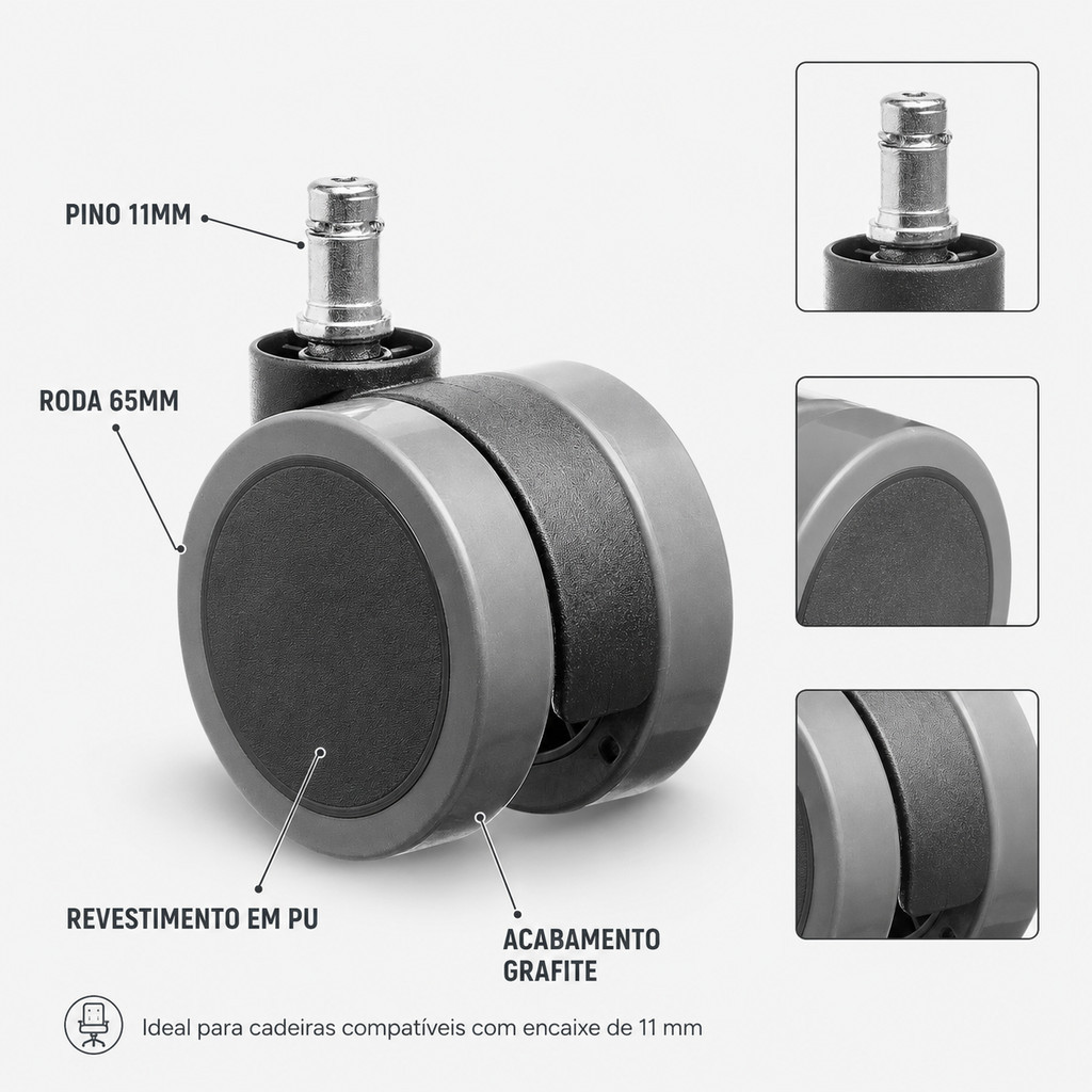 Rodinha para Cadeira Escritório Gamer PU 65mm Pino 11mm Grafite