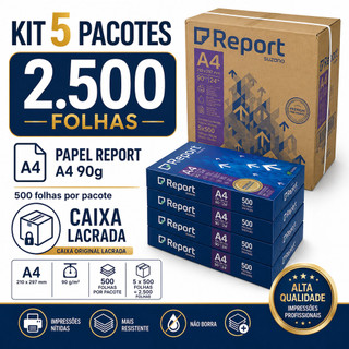 Kit 5 Papel Sulfite Report A4 90g 500 Folhas Cada Caixa Lacrada 2.500 Folhas Impressão Escritório Escola e Documentos