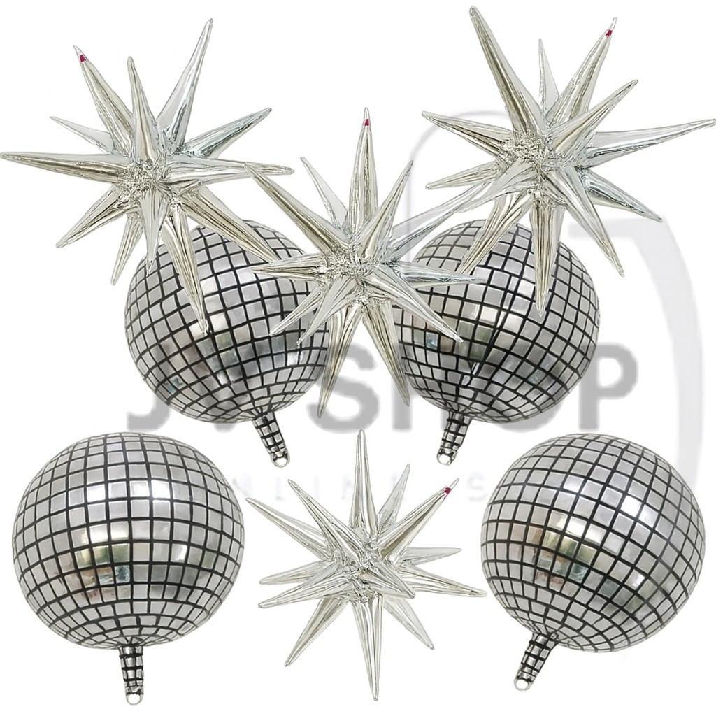 Kit c/ 4 Balão Globo Orbis Quadriculado Prateado 60cm + 4 Balão Estrela Sputnik Prata 55cm 14 Pontas