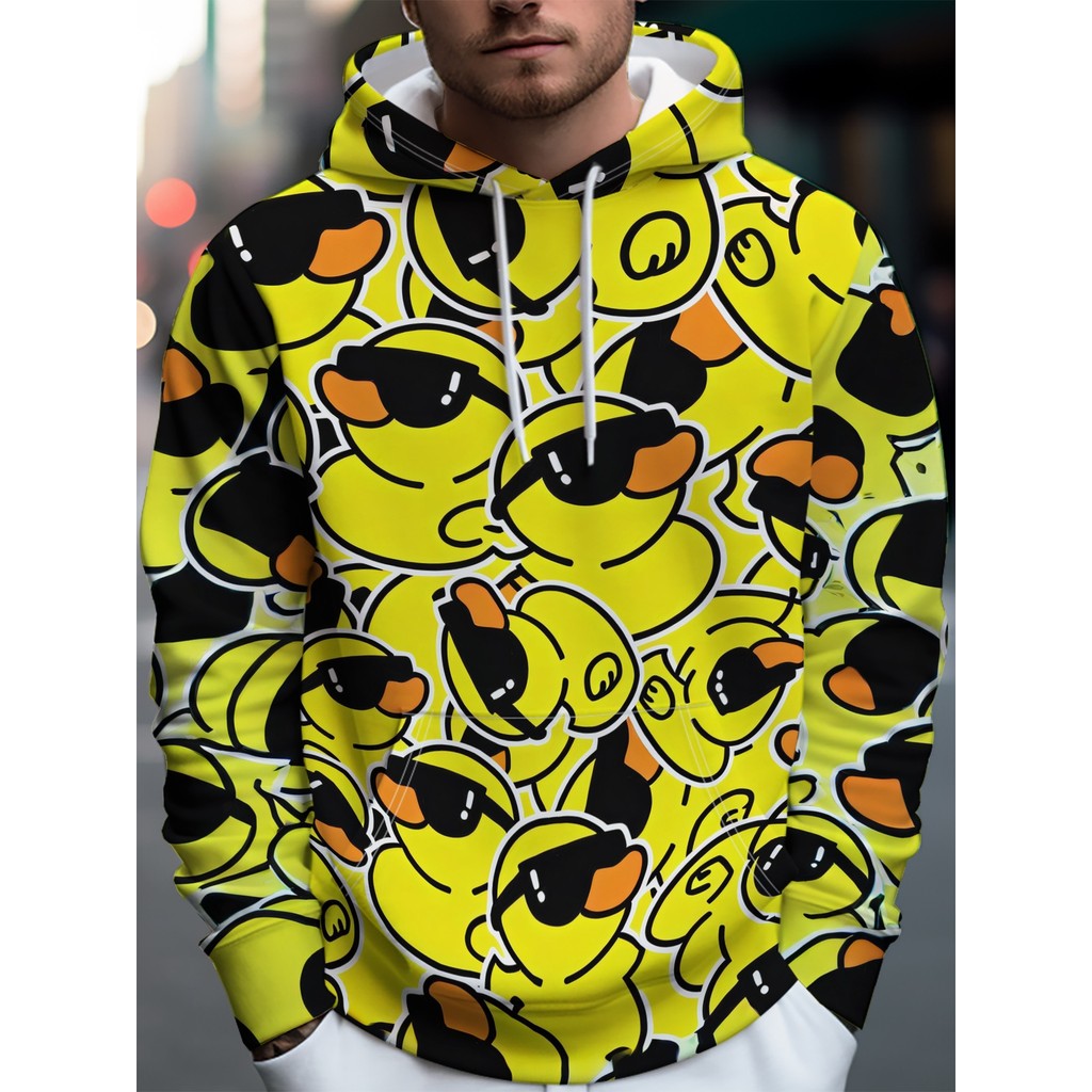 Moletom Com Capuz Masculino Primavera E Outono Moda Desenho Animado Pequeno Pato Amarelo Estampa tops Esportivos Casuais