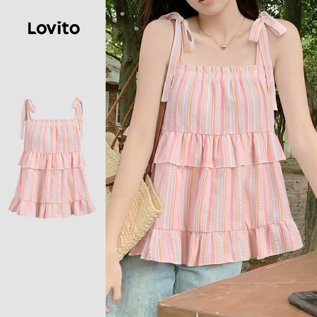 Lovito Top Casual com Babado e Laço Camisa Rosa de Primavera/verão para Mulheres L200AD148