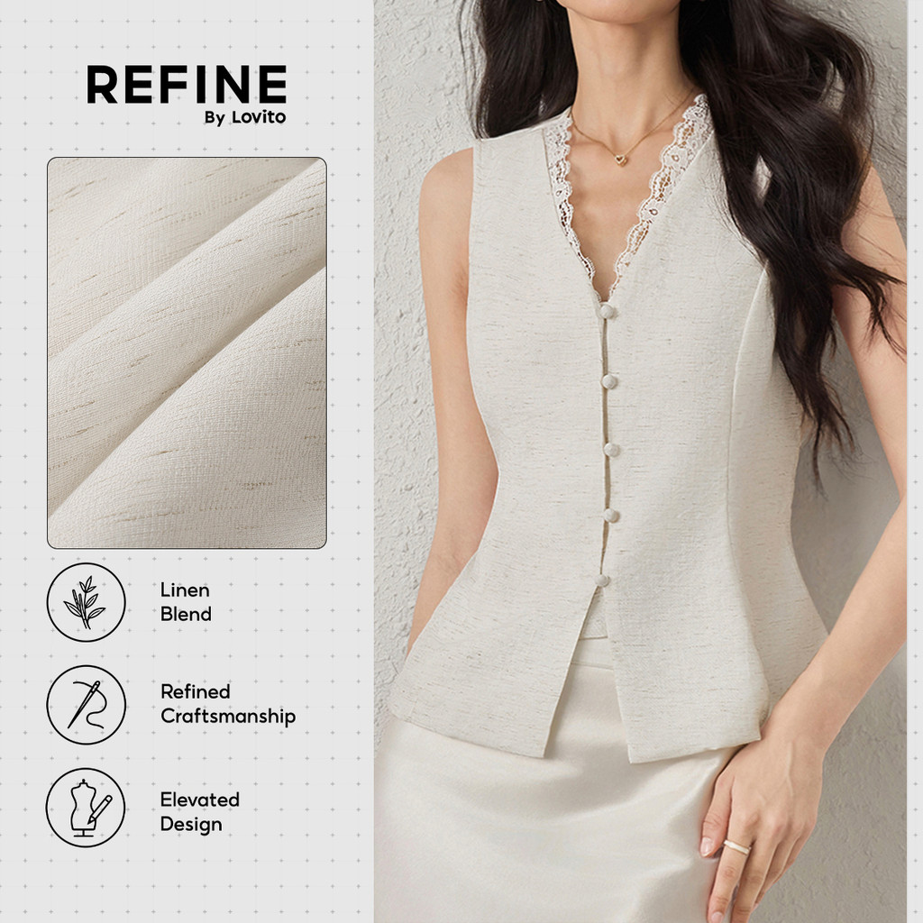 (New Arrival) (Refine by Lovito) Top Social Linho Renda Amarração Traseira OffWhite Trabalho TKR42P1D052