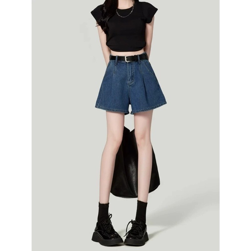 Retro azul Denim Shorts feminino verão cintura alta mais magro olhar plissado Design solto a linha perna larga reduzindo