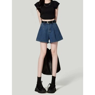 Retro azul Denim Shorts feminino verão cintura alta mais magro olhar plissado Design solto a linha perna larga reduzindo