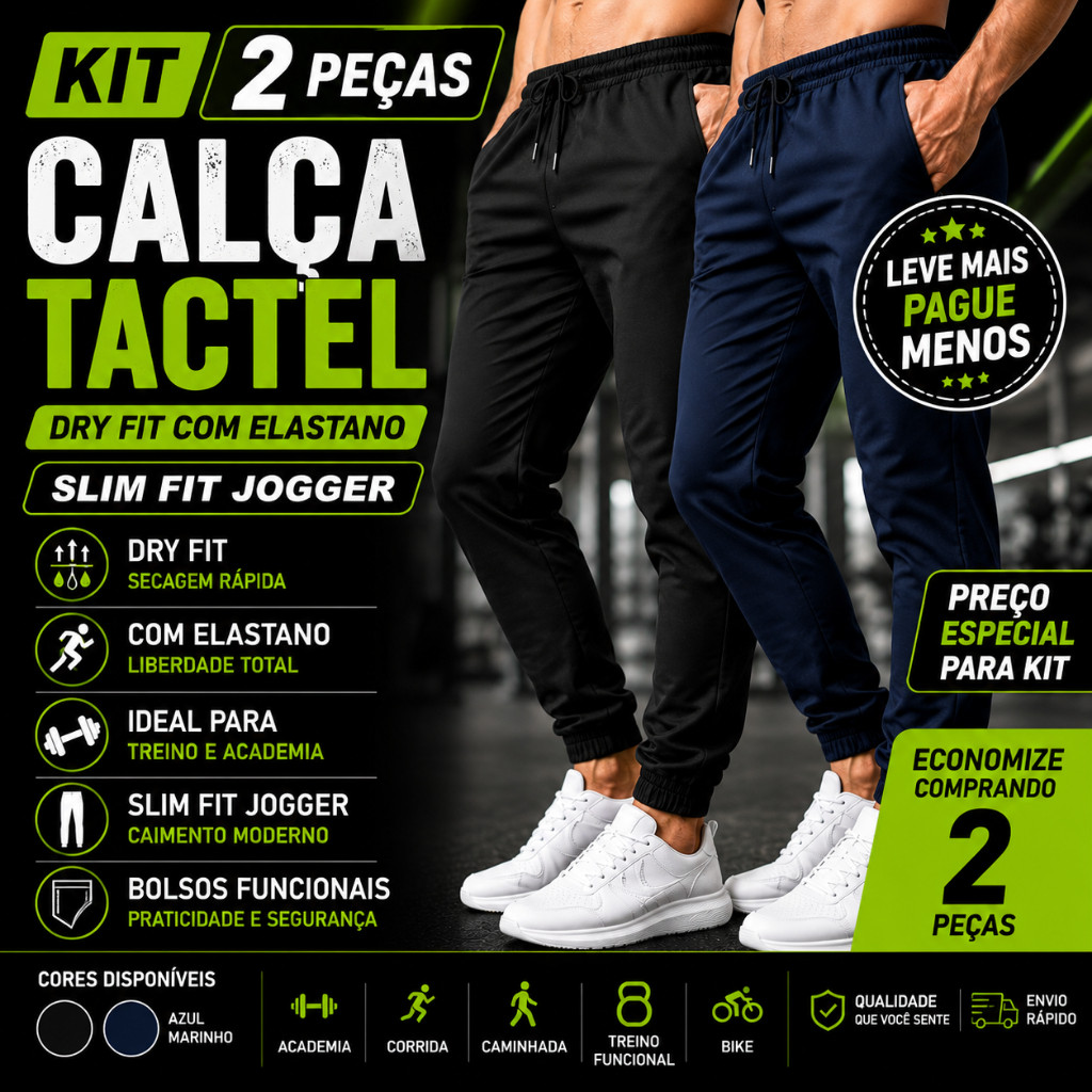 Kit 2 Calças Tactel Masculina Dry Fit com Elastano Jogger Academia Corrida