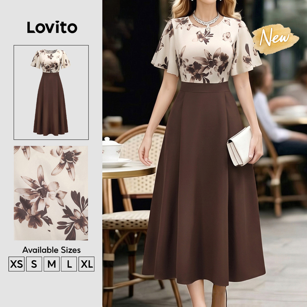 (New Arrival) Lovito Vestido Marrom Feminino Floral Elegante Colorblock Drapeado Longo evasê primavera/verão Trabalho DRB204P1D314