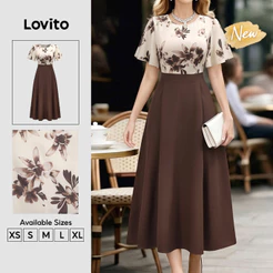 (New Arrival) Lovito Vestido Marrom Feminino Floral Elegante Colorblock Drapeado Longo evasê primavera/verão Trabalho DRB204P1D314