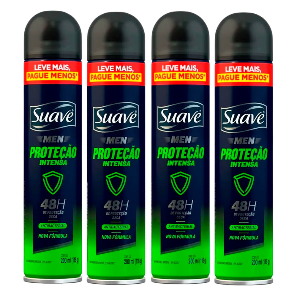 Kit Desodorante Aerosol Suave Men Antibacterial Proteção Intensa 200ml - 4 Unidades