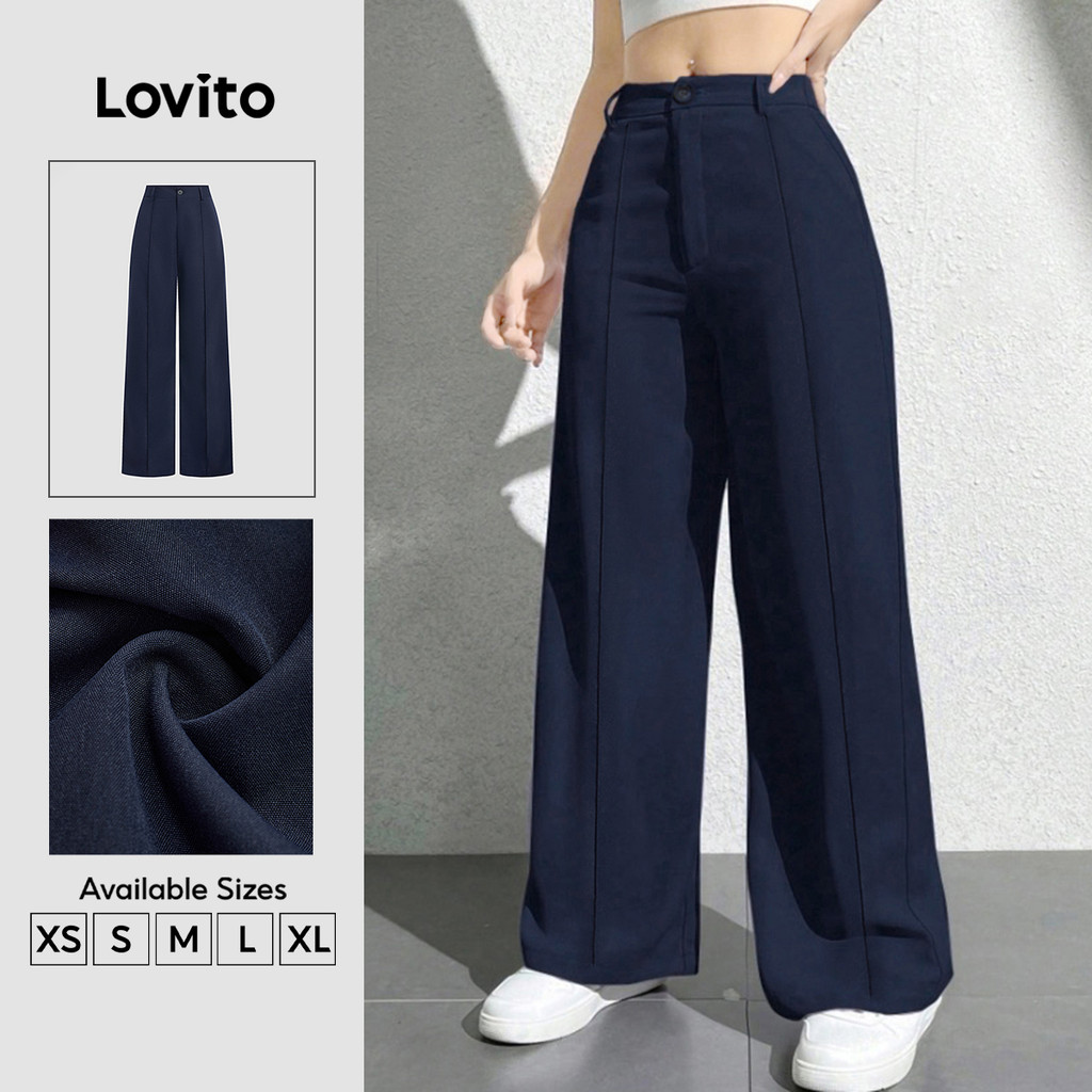 Lovito Elegante Calças com Botões Primavera/verão Calças Azul-marinho para mulheres L158AD222