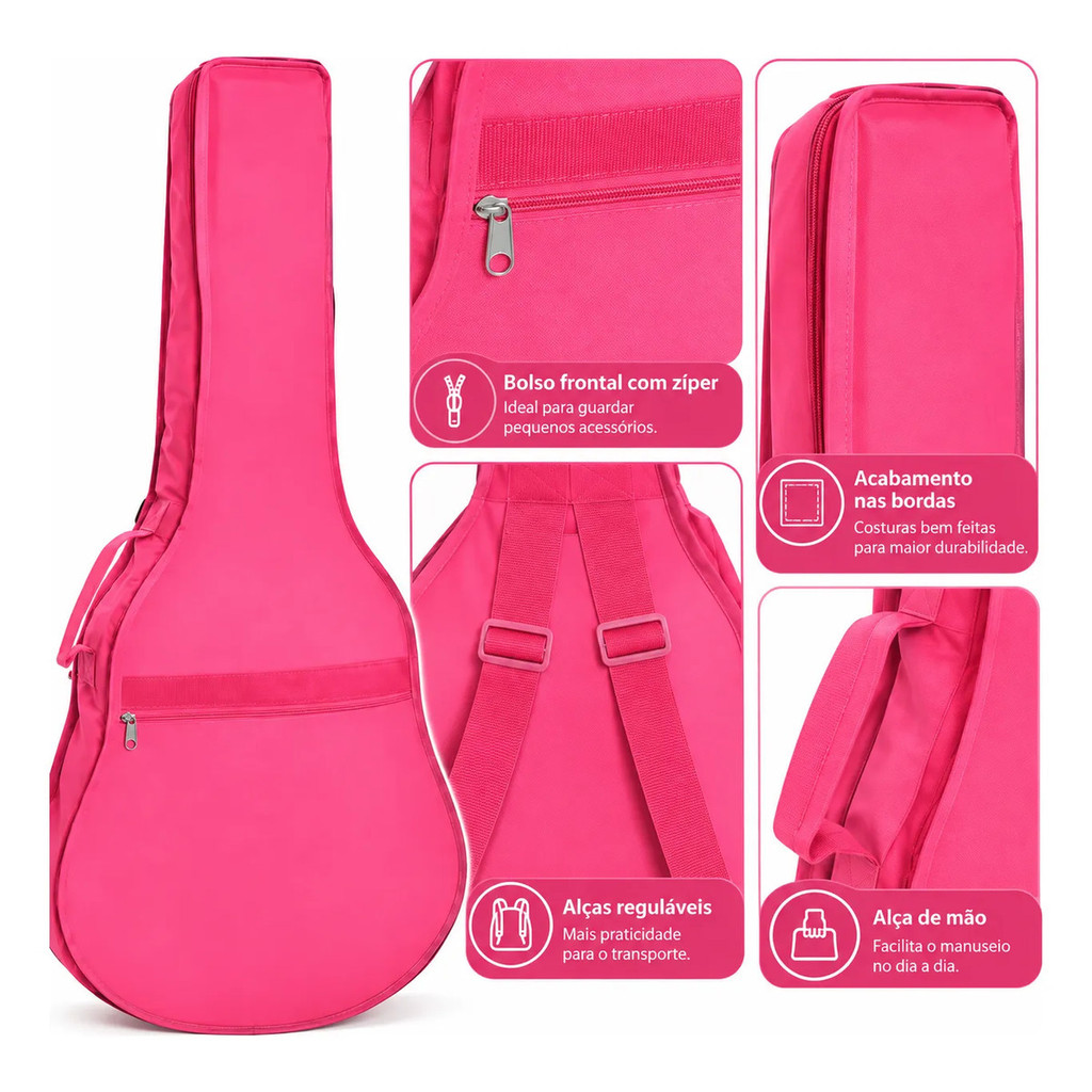 Capa Para Violão Clássico Rosa Com Bolso E Alças Rosa — imagem 2 de 2