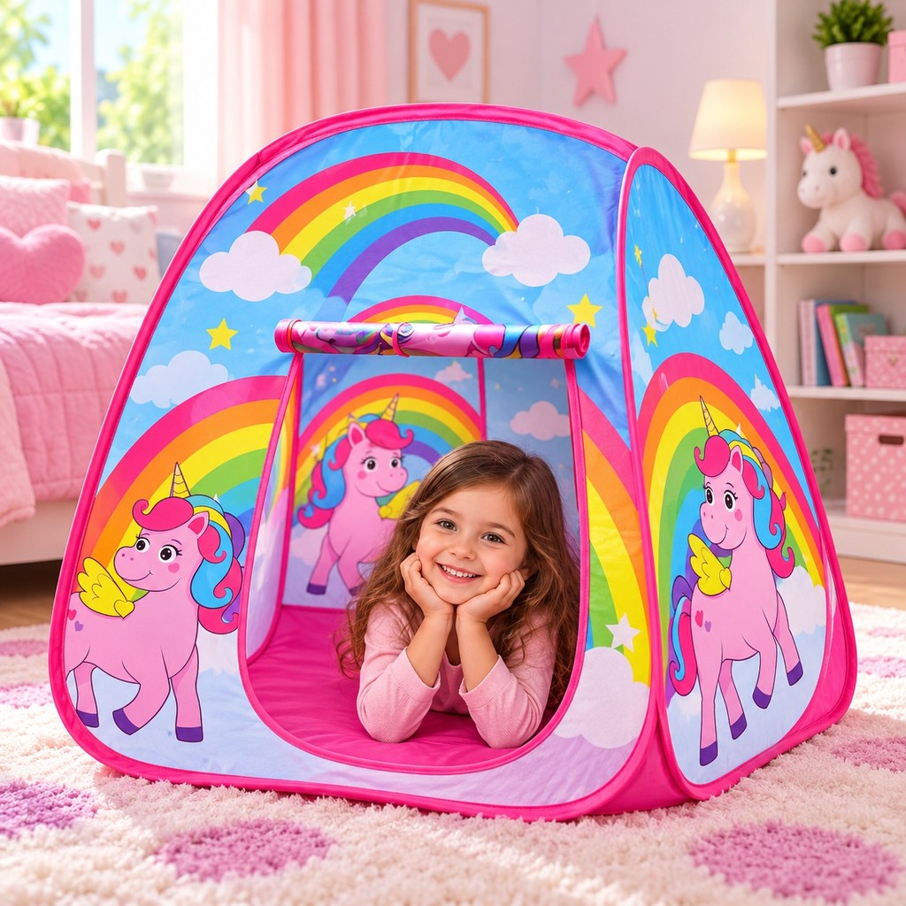 Imagem Barraca Infantil Dobrável Tenda de Brincar Unicórnio ou Dinossauro para Crianças Portátil
