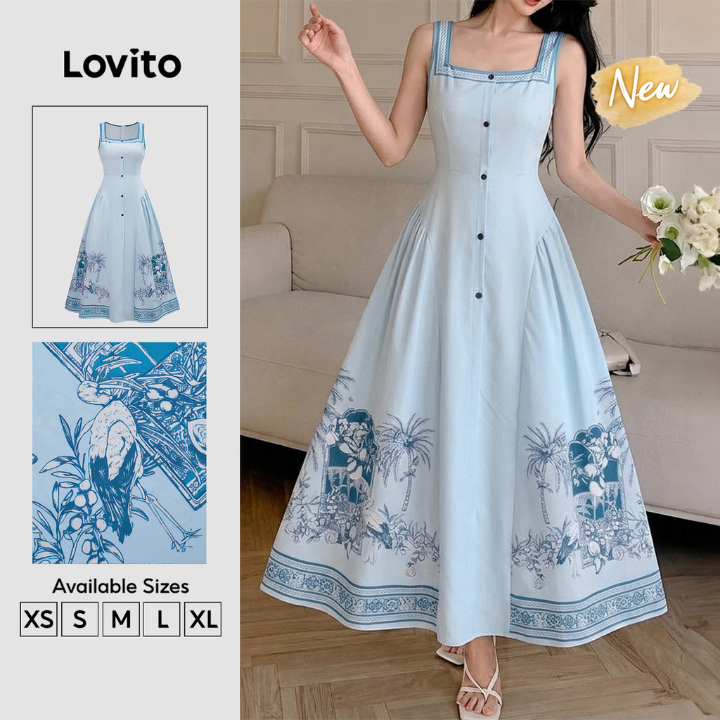 (New Arrival) Lovito Vestido Feminino Azul Claro Longo E Rodado Estampa Tribal Nacional botões Frontais Para Trabalho DRB205P2D707