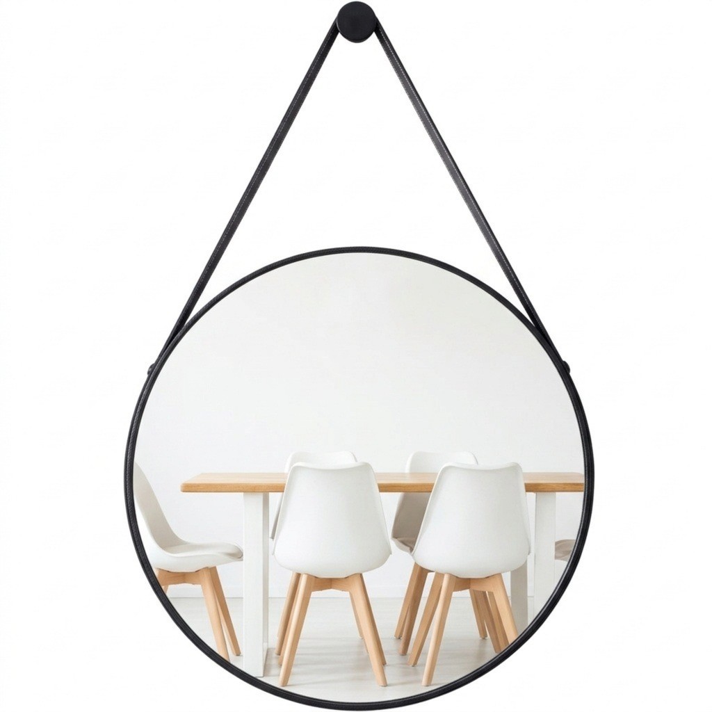 Espelho Redondo Alça Couro 60cm Suporte De Fixação para Banheiro Sala Quarto Lavabo Minimalista