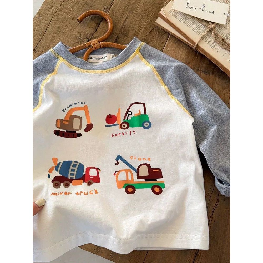 Algodão puro meninos dos desenhos animados engenharia veículo impresso crianças de manga comprida camiseta médio pequeno