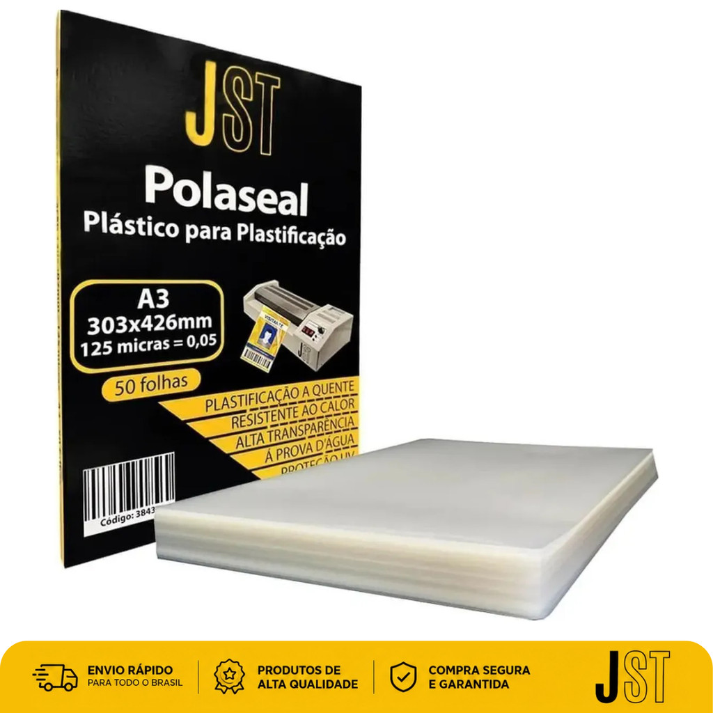 Plástico para Plastificação A3 Polaseal JST 303x426mm 125 Micras 50 Folhas
