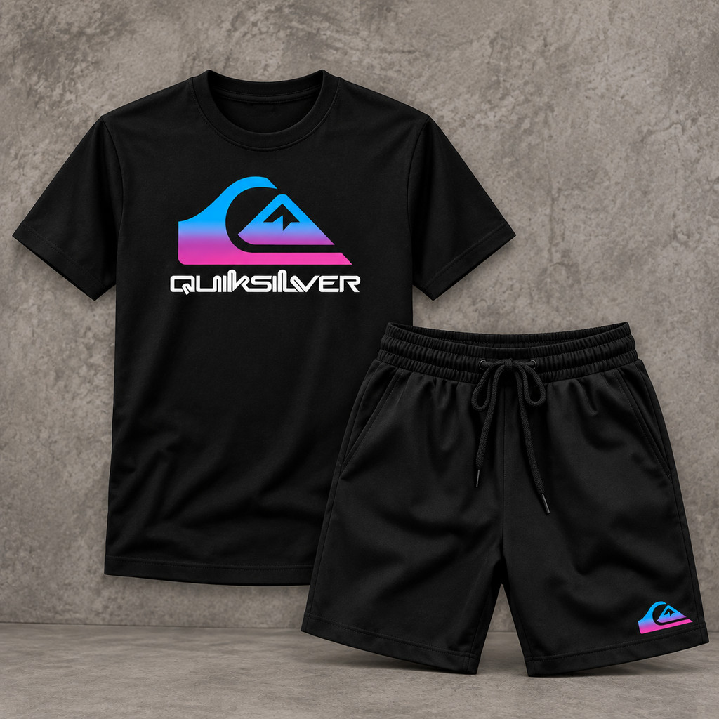 Kit Conjunto Masculino "Quiksilver" 100% Algodão Camiseta Estampada + Bermuda Mauricinho Verão Praia Streetwear Surf