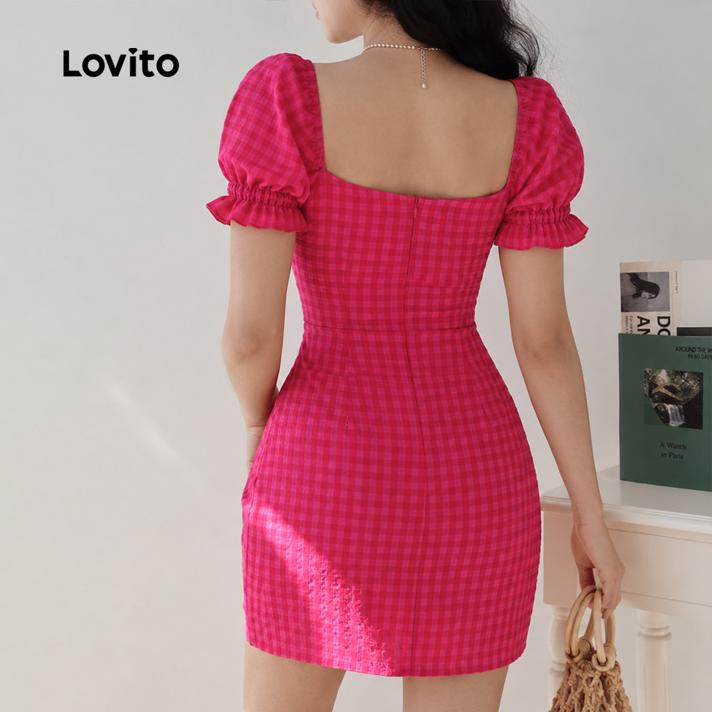 Lovito Xadrez Casual Vestido Liso Com Cadarço E Zíper Vestido De Verão/primavera Para Mulheres Bordado L133ED837 · foto 2