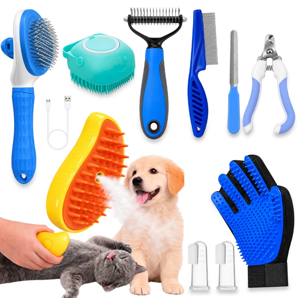Kit Higiene Pet 10 Peças para Cães e Gatos Escova Tira Pelos Pente Antipulgas Cortador Unhas