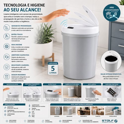 Lixeira Redonda Sensor Proximidade 5 Litros Automatica Cozinha Banheiro Escritório Cinza